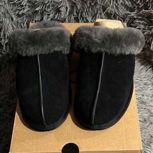 UGG Black Slippers with Plush Gray Fur